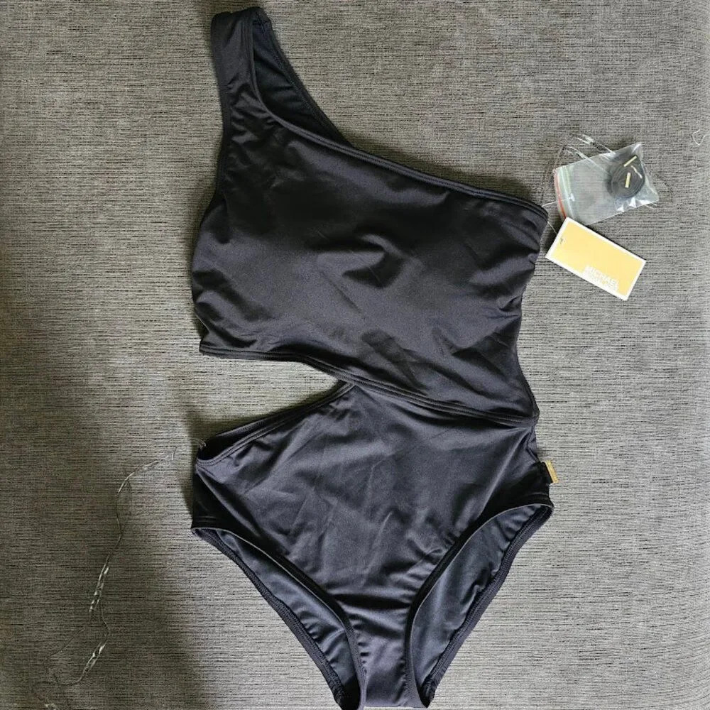 Michael Kors Women's Black One-Shoulder Side-Cutout gold logo Swimsuit Size 14